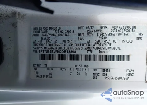 2012 Ford E-250 Commercial z USA, uszkodzony, nr VIN 1FTNE2EW6CDB13898